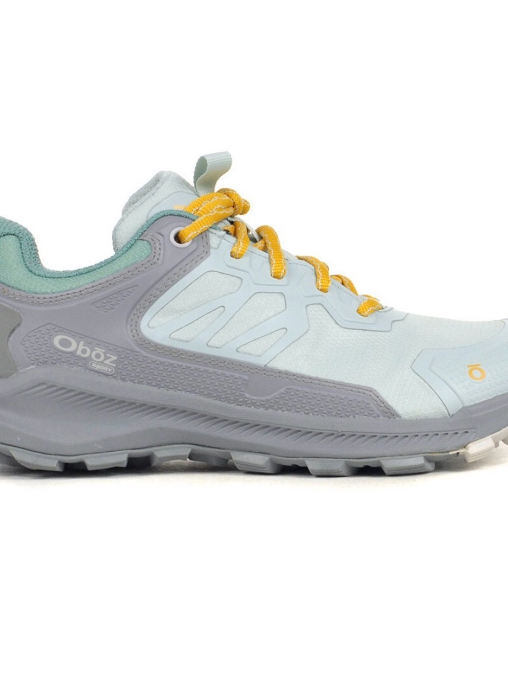 Oboz Women's Light Blue and Gray Trail Sneaker with Yellow Accents